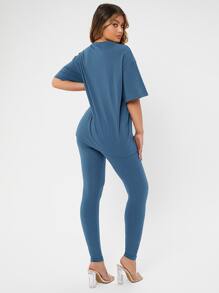 SHEIN SXY Solid Drop Shoulder Tee & Leggings - Dusty Blue - View 2