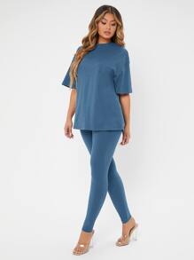 SHEIN SXY Solid Drop Shoulder Tee & Leggings - Dusty Blue - View 3