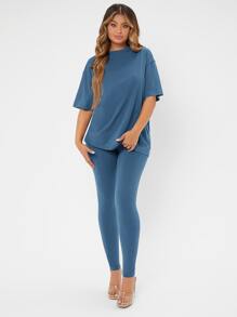 SHEIN SXY Solid Drop Shoulder Tee & Leggings - Dusty Blue - View 4