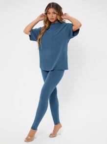 SHEIN SXY Solid Drop Shoulder Tee & Leggings - Dusty Blue - View 6
