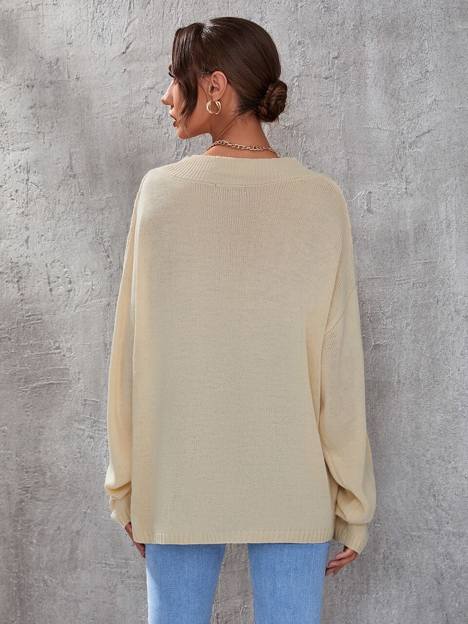 V-neck Drop Shoulder Cable Knit Sweater