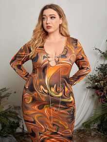 SHEIN Plus Marble Print Chain Lace Up Dress - Multicolor - View 5
