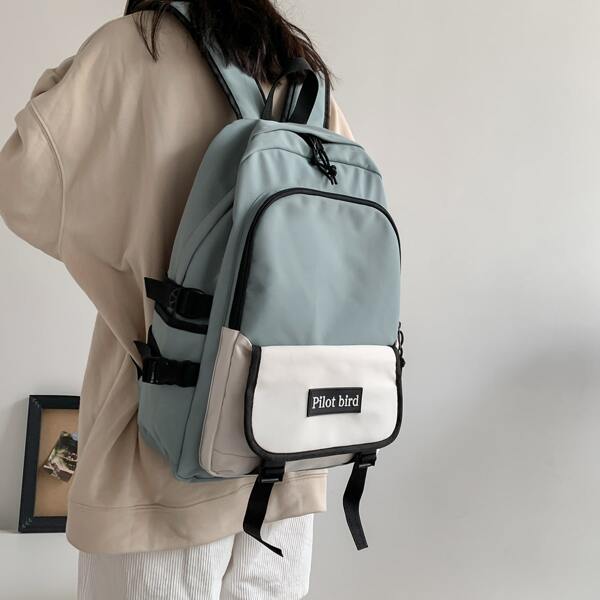

Letter Graphic Buckle Decor Backpack, Blue