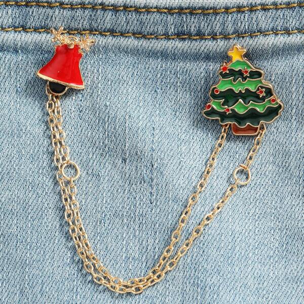 

Christmas Tree & Bell Design Brooch With Chain, Multicolor