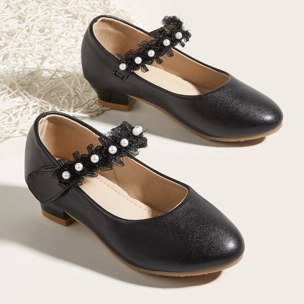 

Girls Faux Pearl Decor Velcro Strap Flats, Black