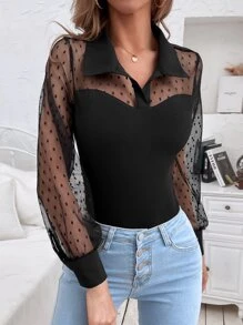 Chiquease Dobby Mesh Panel Bodysuit Fall Cloth For Women - Black - View 4