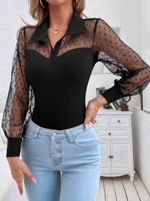 Chiquease Dobby Mesh Panel Bodysuit Fall Cloth For Women - Black - View 6