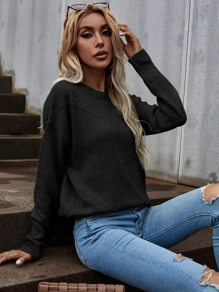 SHEIN LUNE Suéter de punto con hombros caídos de unicolor, para otoño e invierno - Negro - Ver 1