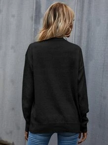SHEIN LUNE Suéter de punto con hombros caídos de unicolor, para otoño e invierno - Negro - Ver 2