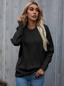SHEIN LUNE Suéter de punto con hombros caídos de unicolor, para otoño e invierno - Negro - Ver 4