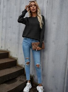 SHEIN LUNE Suéter de punto con hombros caídos de unicolor, para otoño e invierno - Negro - Ver 5