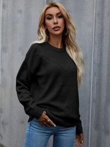 SHEIN LUNE Suéter de punto con hombros caídos de unicolor, para otoño e invierno - Negro - Ver 6