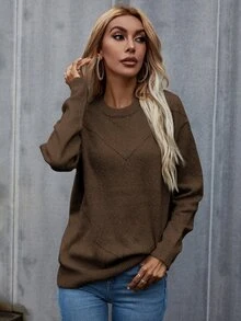 SHEIN LUNE 素色落肩袖套頭毛衣 - 棕色 - 查看 5