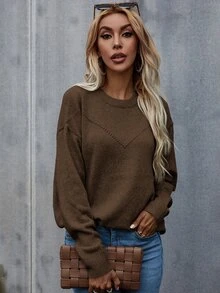 SHEIN LUNE 素色落肩袖套頭毛衣 - 棕色 - 查看 6