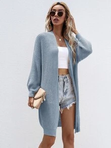 SHEIN LUNE Open Front Rib-knit Cardigan - Dusty Blue - View 3