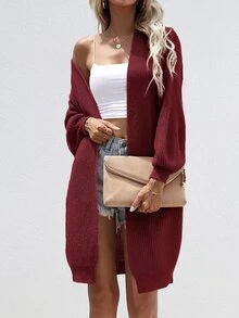 SHEIN LUNE Open Front Rib-knit Cardigan - Burgundy - View 3