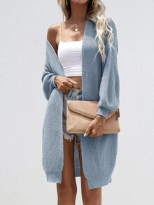 SHEIN LUNE Open Front Rib-knit Cardigan - Dusty Blue - View 5
