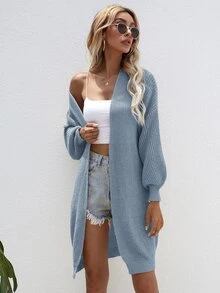 SHEIN LUNE Open Front Rib-knit Cardigan - Dusty Blue - View 6