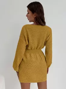 SHEIN LUNE 蝙蝠袖束腰毛衣裙 - 芥末黃 - 查看 2