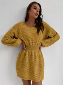 SHEIN LUNE 蝙蝠袖束腰毛衣裙 - 芥末黃 - 查看 3