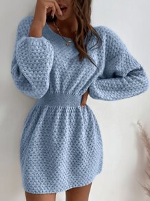 SHEIN LUNE 蝙蝠袖束腰毛衣裙 - 淺藍色 - 查看 1