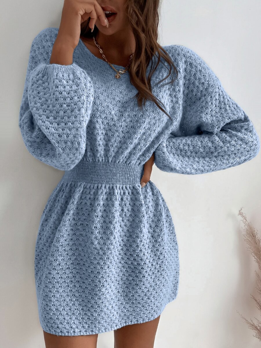 SHEIN LUNE 蝙蝠袖束腰毛衣裙 - 淺藍色 - 查看 1