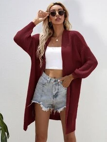 SHEIN LUNE Open Front Rib-knit Cardigan - Burgundy - View 6