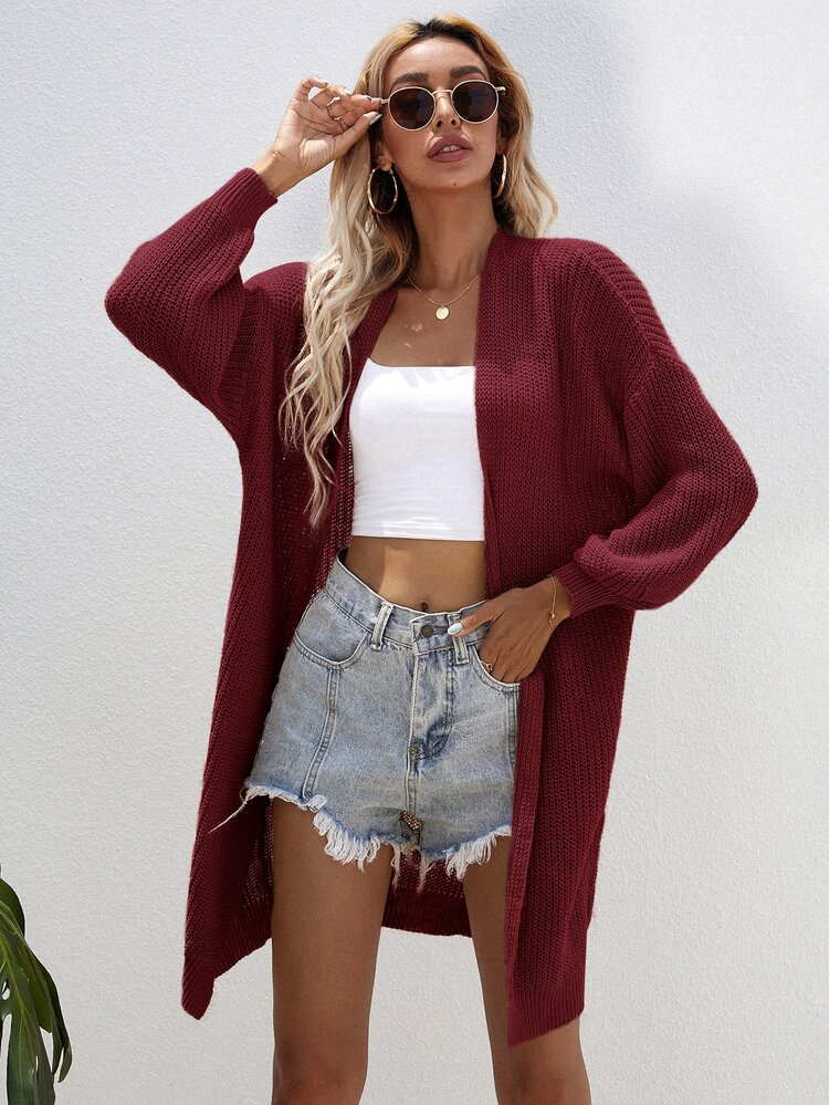 SHEIN LUNE Open Front Rib-knit Cardigan - Burgundy - View 6