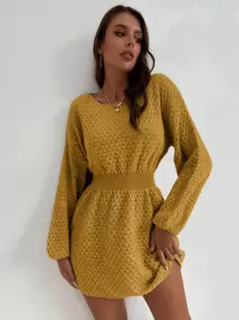 SHEIN LUNE 蝙蝠袖束腰毛衣裙 - 芥末黃 - 查看 4
