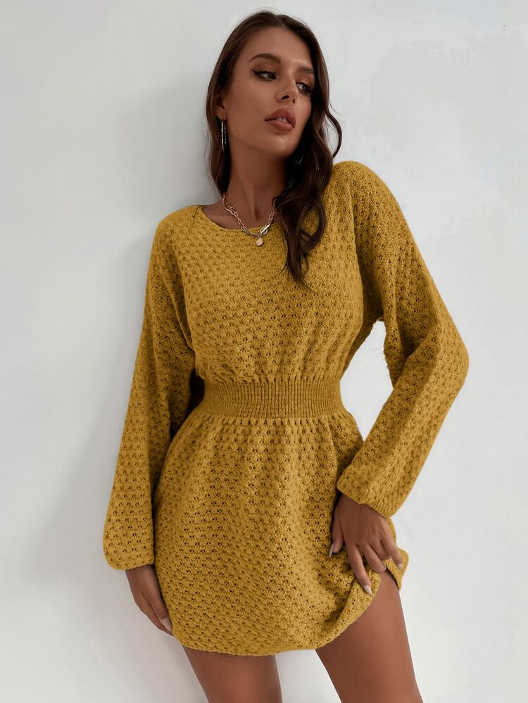 SHEIN LUNE Batwing Sleeve Corset Waist Sweater Dress - Mustard Yellow - View 4