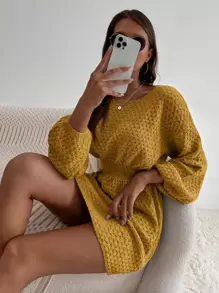 SHEIN LUNE 蝙蝠袖束腰毛衣裙 - 芥末黃 - 查看 5