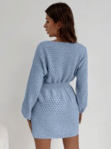 SHEIN LUNE 蝙蝠袖束腰毛衣裙 - 淺藍色 - 查看 2