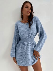 SHEIN LUNE 蝙蝠袖束腰毛衣裙 - 淺藍色 - 查看 3