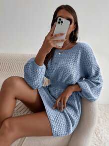 SHEIN LUNE 蝙蝠袖束腰毛衣裙 - 淺藍色 - 查看 4