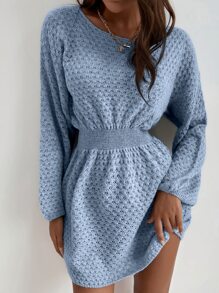 SHEIN LUNE 蝙蝠袖束腰毛衣裙 - 淺藍色 - 查看 5