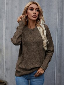 SHEIN LUNE 素色落肩袖套頭毛衣 - 駝色 - 查看 5