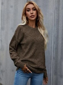 SHEIN LUNE 素色落肩袖套頭毛衣 - 駝色 - 查看 6
