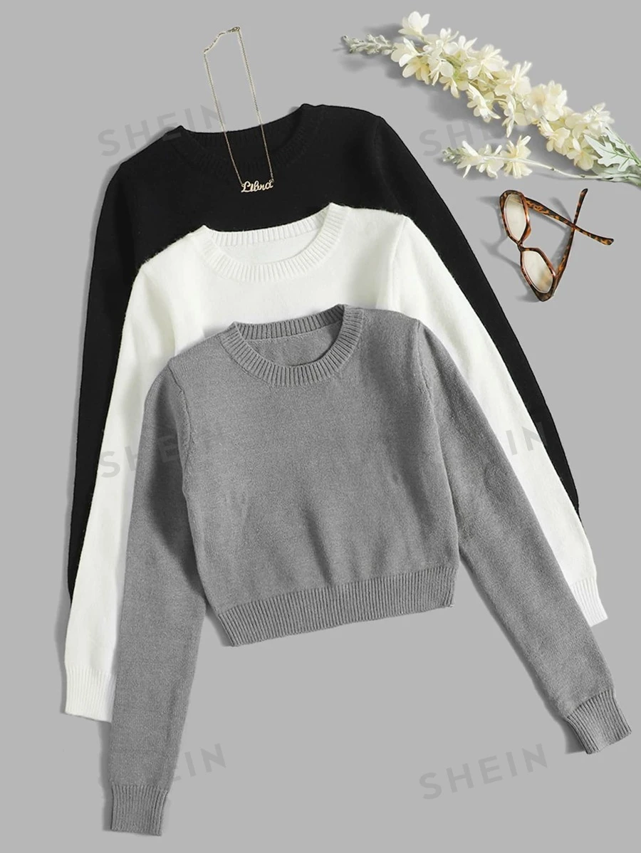 SHEIN Franclia 3 piezas Suéter de cuello redondo sólido, Tops de manga larga de punto Suéter de otoño e invierno - Multicolor - Ver 1