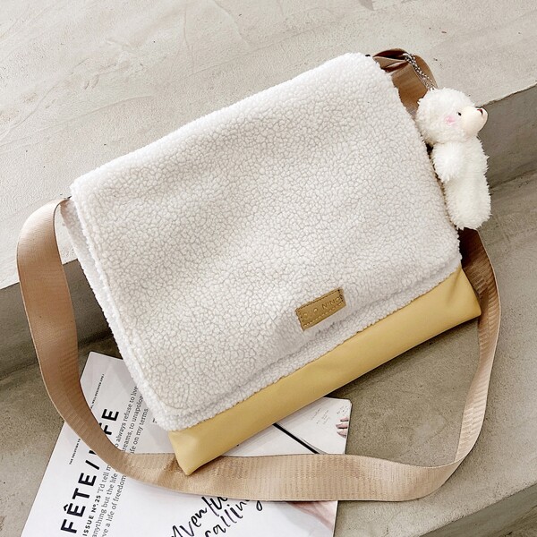 

Colorblock Doll Decor Fluffy Square Bag, White