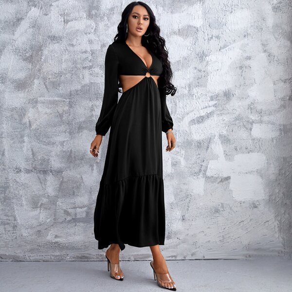 

Ring Linked Cut Out Ruffle Hem Satin Dress, Black