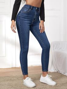 RueChic Jeans ajustados con diseño de parche de talle alto