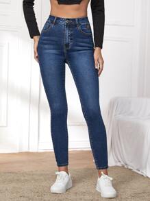 RueChic Jeans ajustados con diseño de parche de talle alto