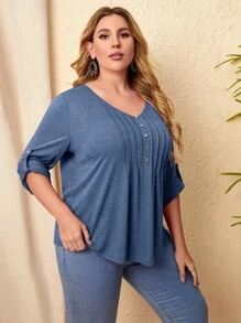 EMERY ROSE 大碼褶皺面料細節捲邊袖T恤 - 藍色 - 查看 4