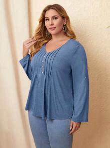 EMERY ROSE 大碼褶皺面料細節捲邊袖T恤 - 藍色 - 查看 5