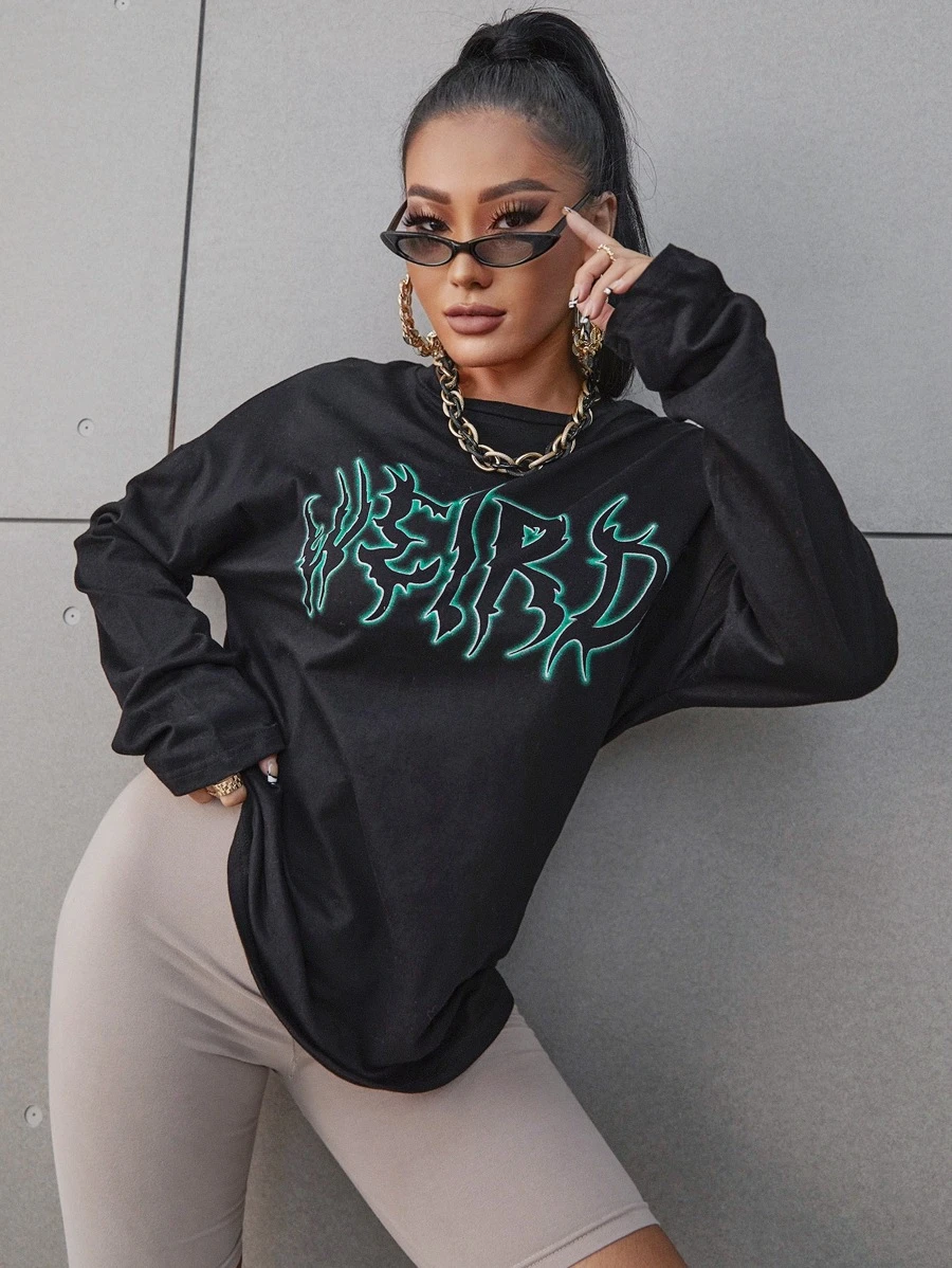 SHEIN SXY Letter Graphic Drop Shoulder Tee - Black - View 1