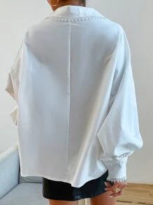 Solid Button Front Contrast Lace Trim Bishop Sleeve Shirt - White - View 2