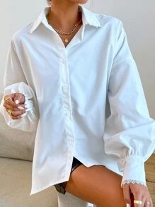 Solid Button Front Contrast Lace Trim Bishop Sleeve Shirt - White - View 3