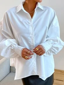 Solid Button Front Contrast Lace Trim Bishop Sleeve Shirt - White - View 4