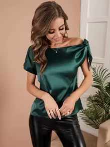 SHEIN Privé Blusa de hombros con cordón de cuello asimétrico de satén - Verde Oscuro - Ver 3