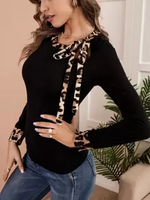 SHEIN Clasi Áo thun nữ Cắt ra Thắt nút Tương phản ràng buộc Báo Thanh lịch - màu đen - Xem 4